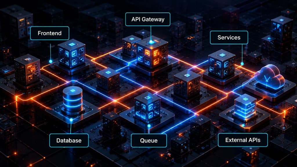 Labeled map of a software system, with a frontend, API gateway, services, database, queue, and external APIs still connected.