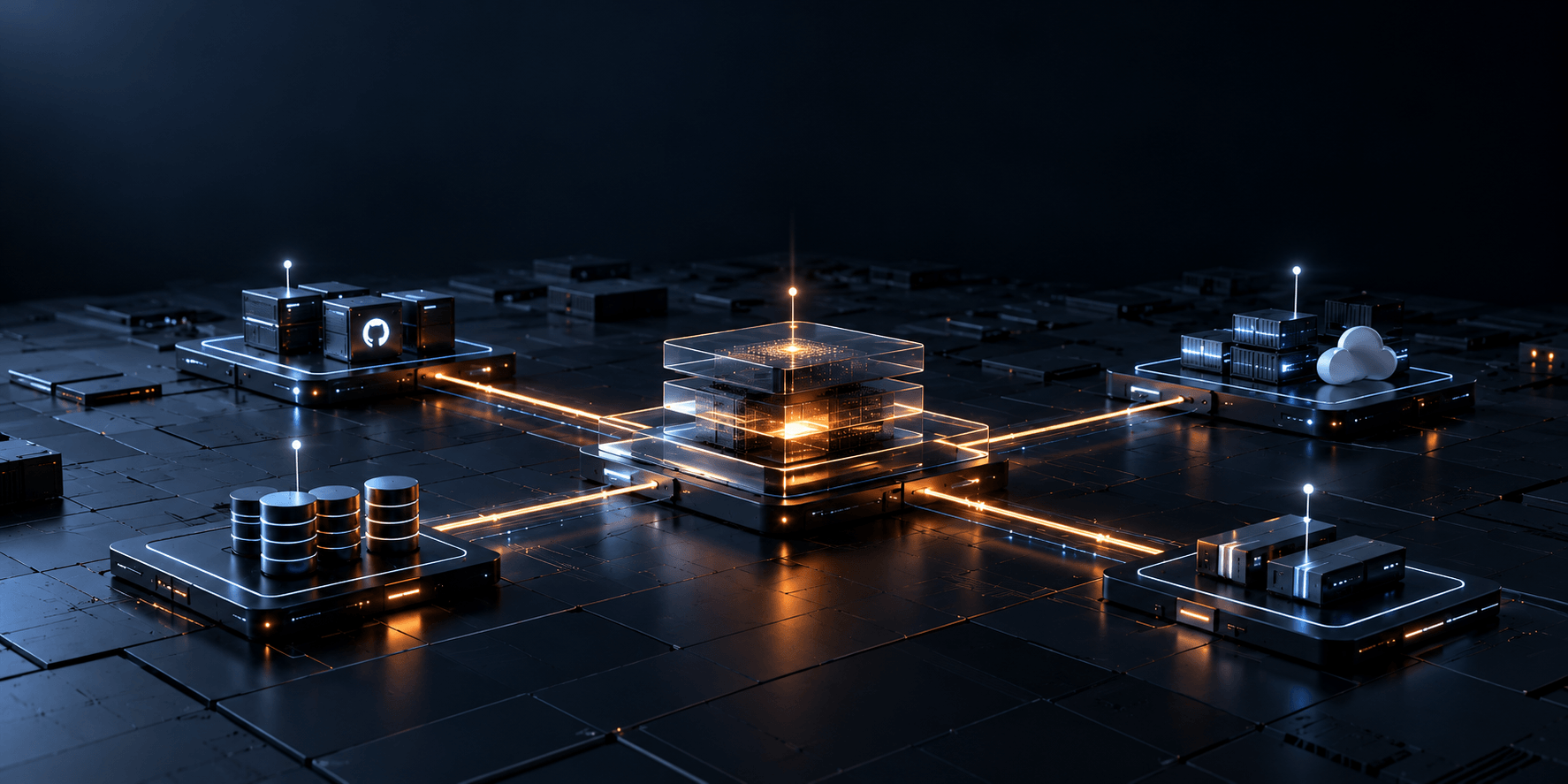 SPECTRALE architecture hub connecting source and build, applications, data and state, infrastructure, and external services.