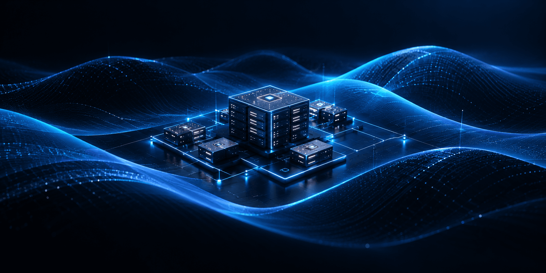 Clustered technical architecture on a dark spatial surface.