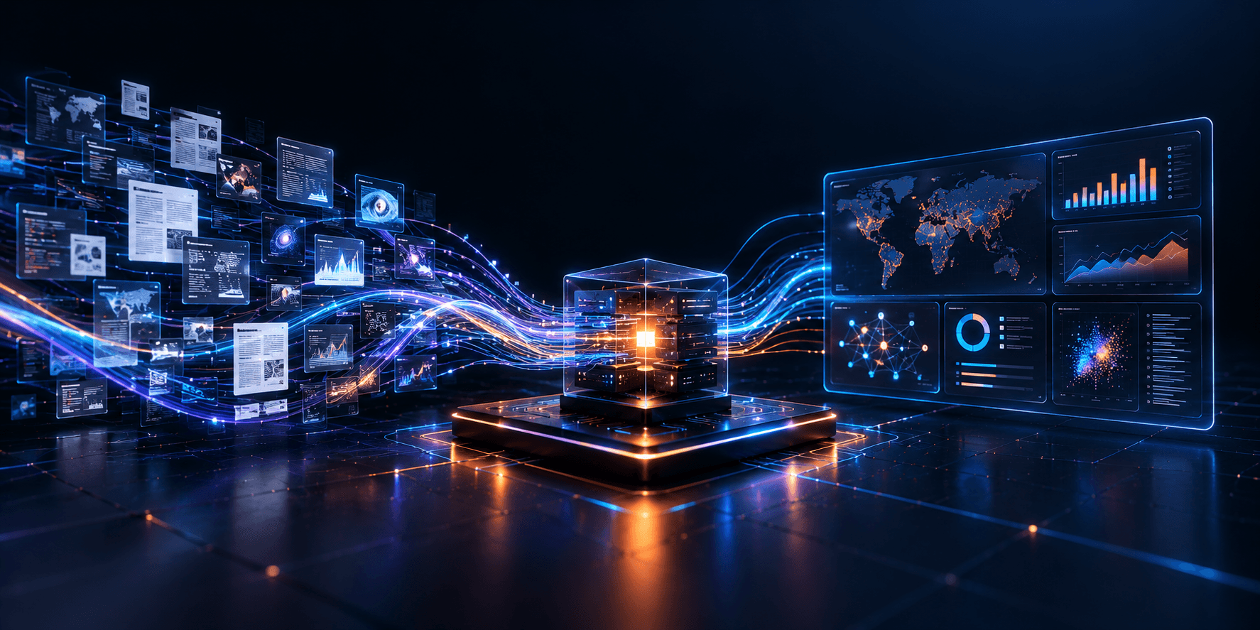 Streams of documents and telemetry converging on a central architecture core.