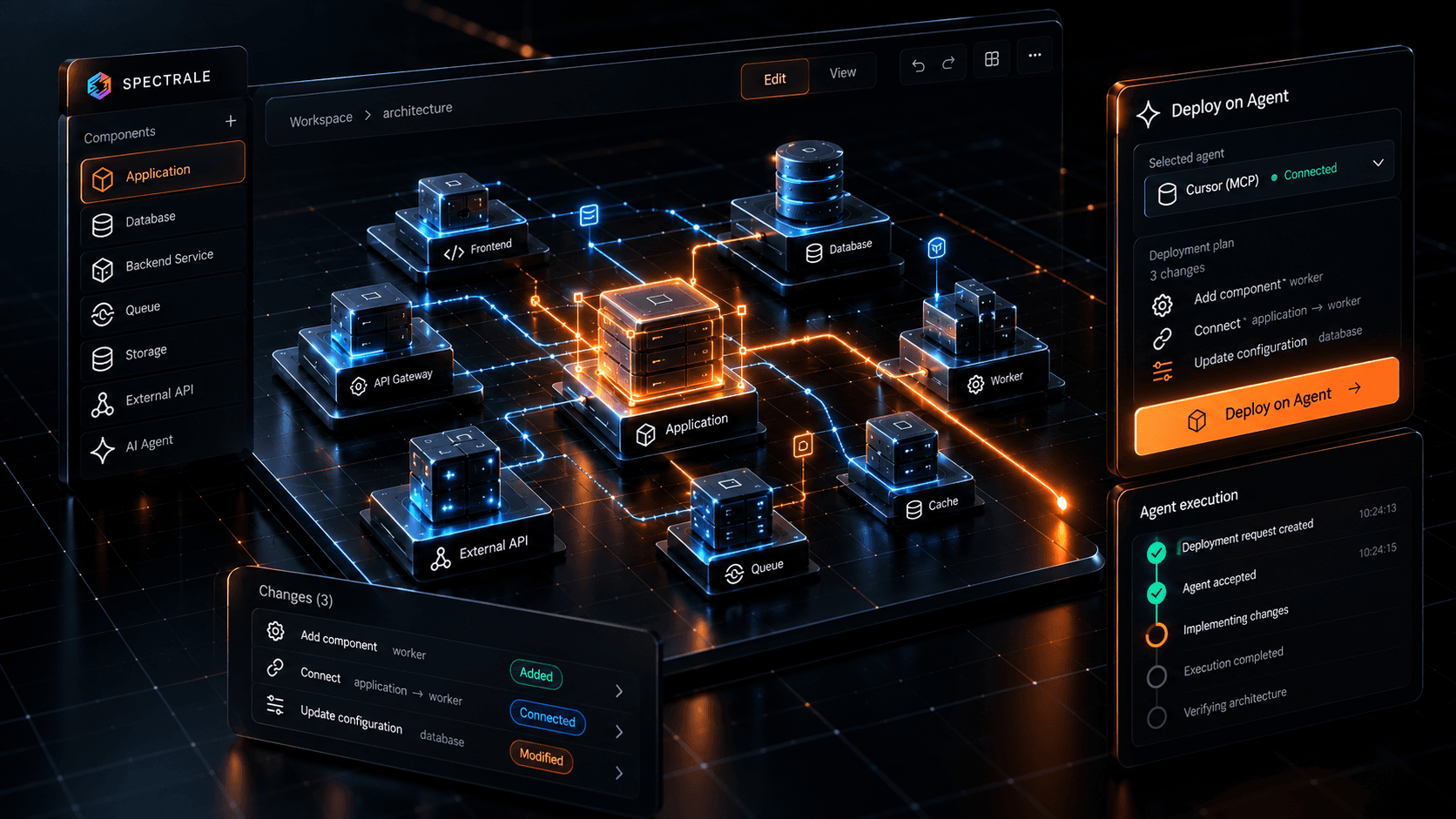 Architecture workspace with a highlighted change, a deployment plan, and an agent execution timeline.