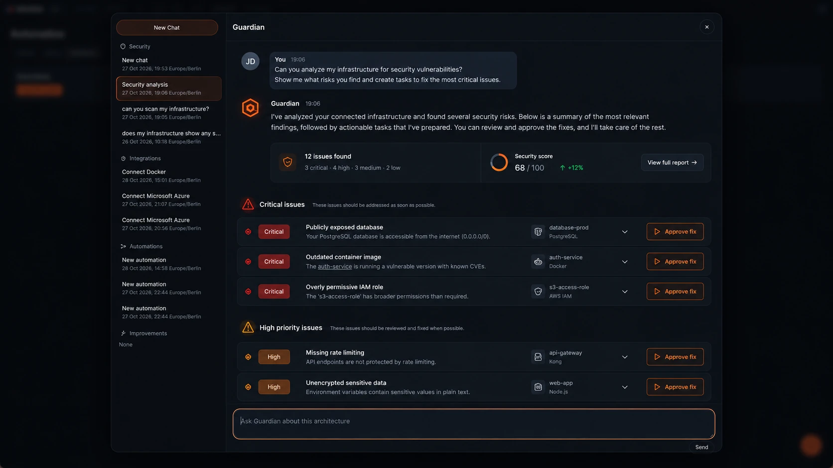 SPECTRALE Guardian AI interface displaying infrastructure security findings, risk priorities and proposed remediation tasks.