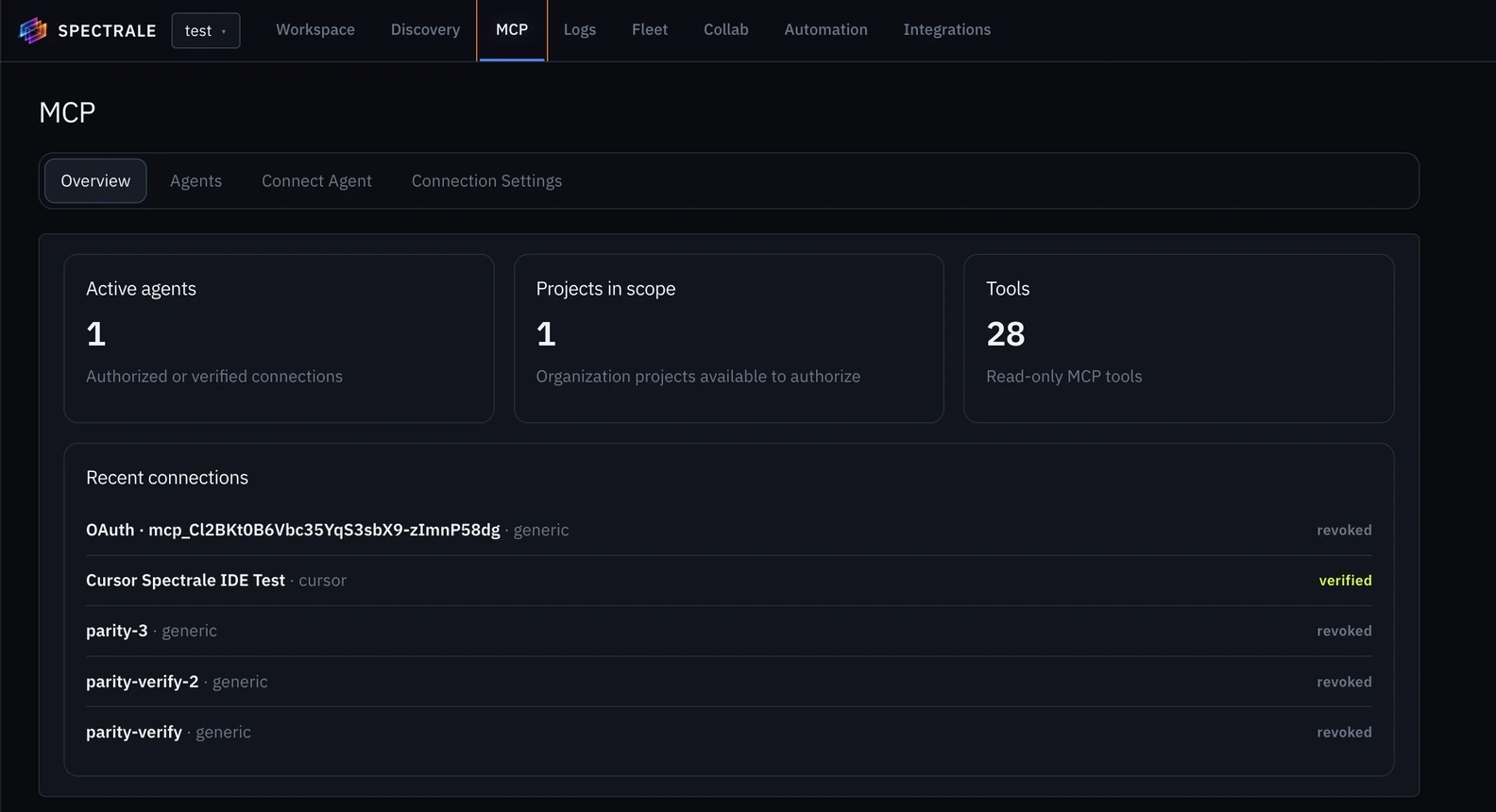 MCP overview showing active agent connections, projects in scope, and the read-only tool count.