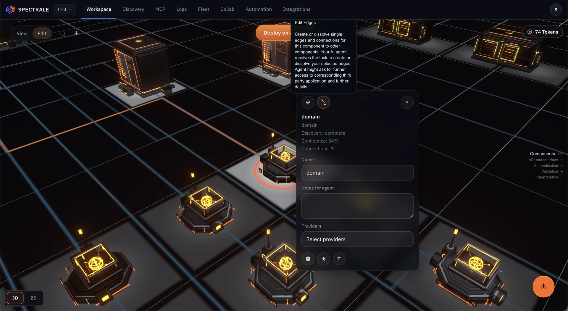 Workspace edit mode with a selected domain component, its notes for an agent, and the surrounding architecture.
