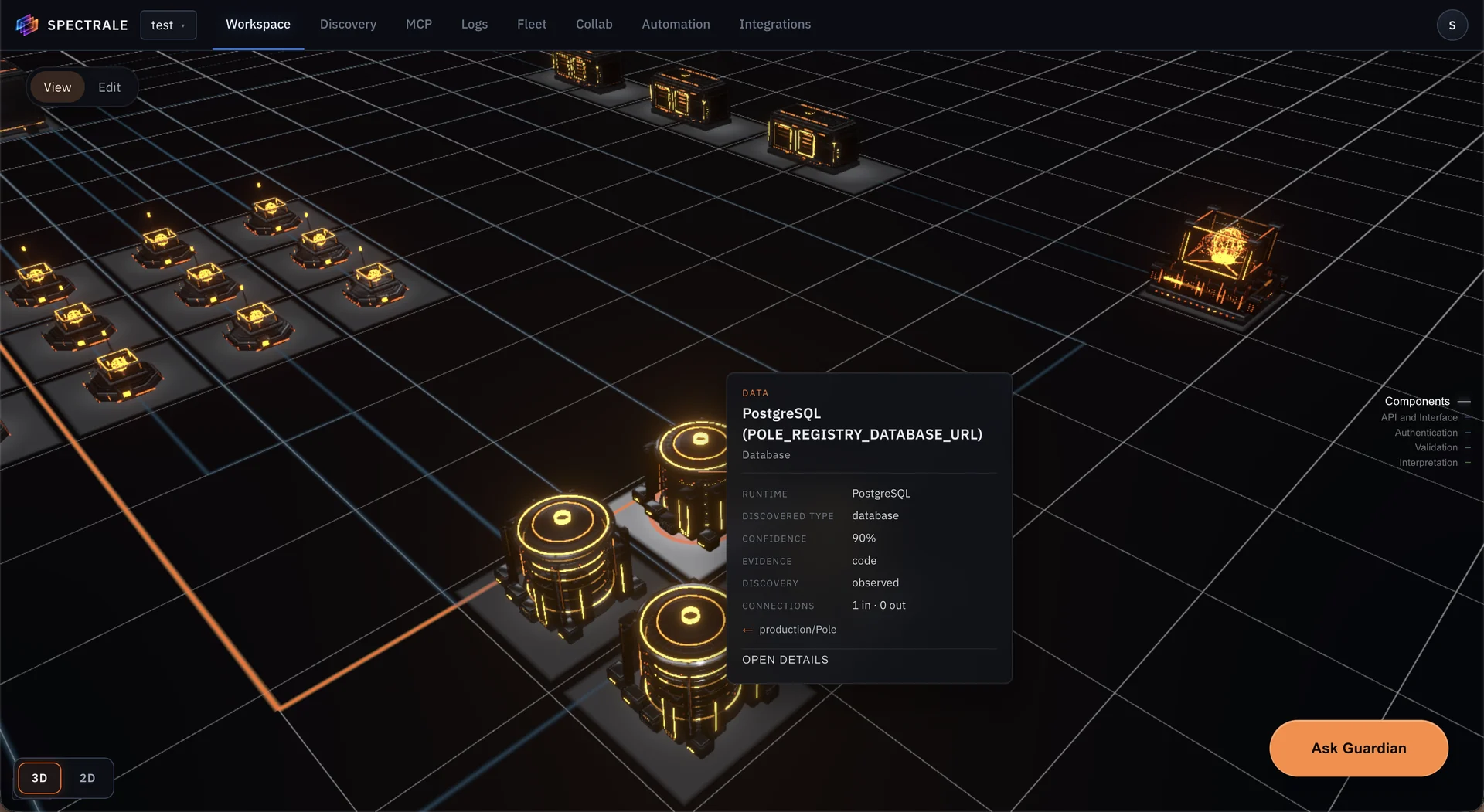 SPECTRALE workspace in view mode, with a discovered three-dimensional architecture and an open database component.